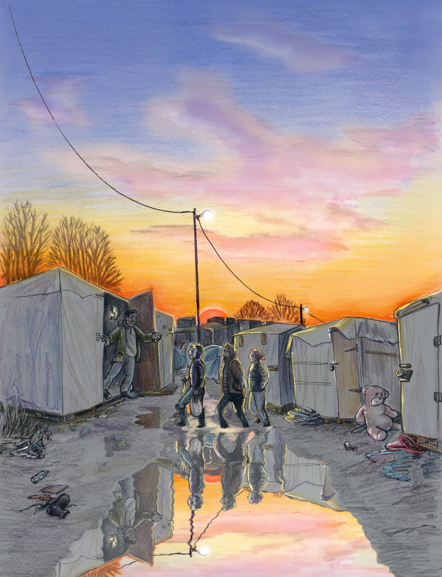 sun sets over the Calais Jungle refugee camp 2016