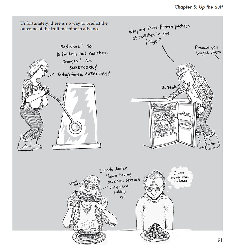 Bump: how to make, grow and birth a baby, book by Kate Evans, comic book character and text discussing pregnancy food cravings
