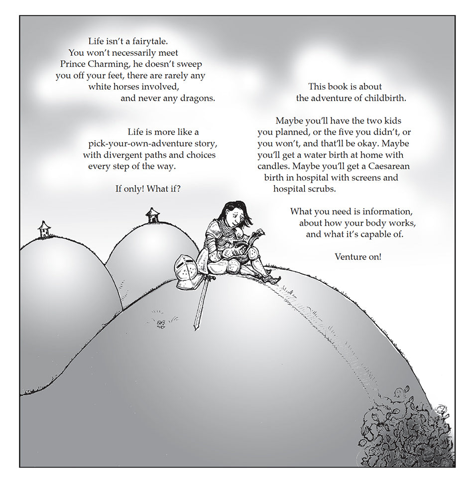 Bump: how to make, grow and birth a baby, book by Kate Evans, comic book character and text discussing how life is not a fairy tale