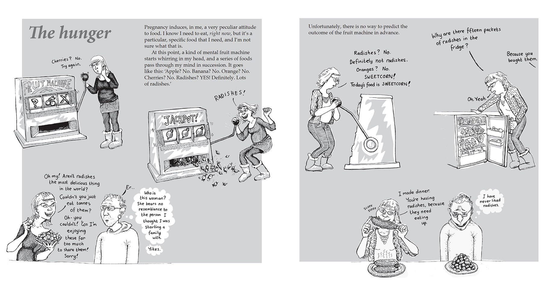 Bump: how to make, grow and birth a baby, book by Kate Evans, comic images and text discussing pregnancy food cravings