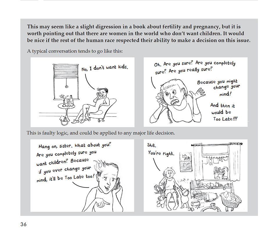 Comic strip discussing the topic of children and decision-making in a book about fertility and pregnancy from Bump: how to make, grow and birth a baby, book by Kate Evans,