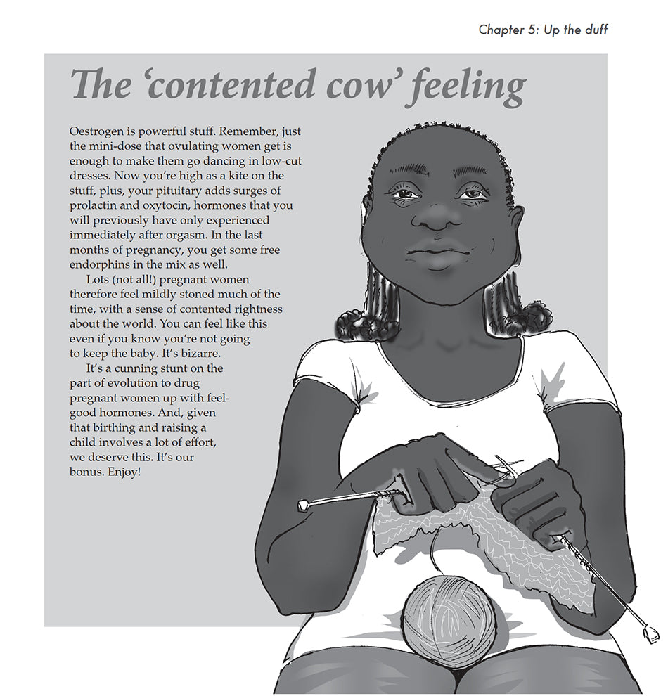 Bump: how to make, grow and birth a baby, book by Kate Evans,  comic book character and text discussing the 'contented cow feeling' that can accompany pregnancy
