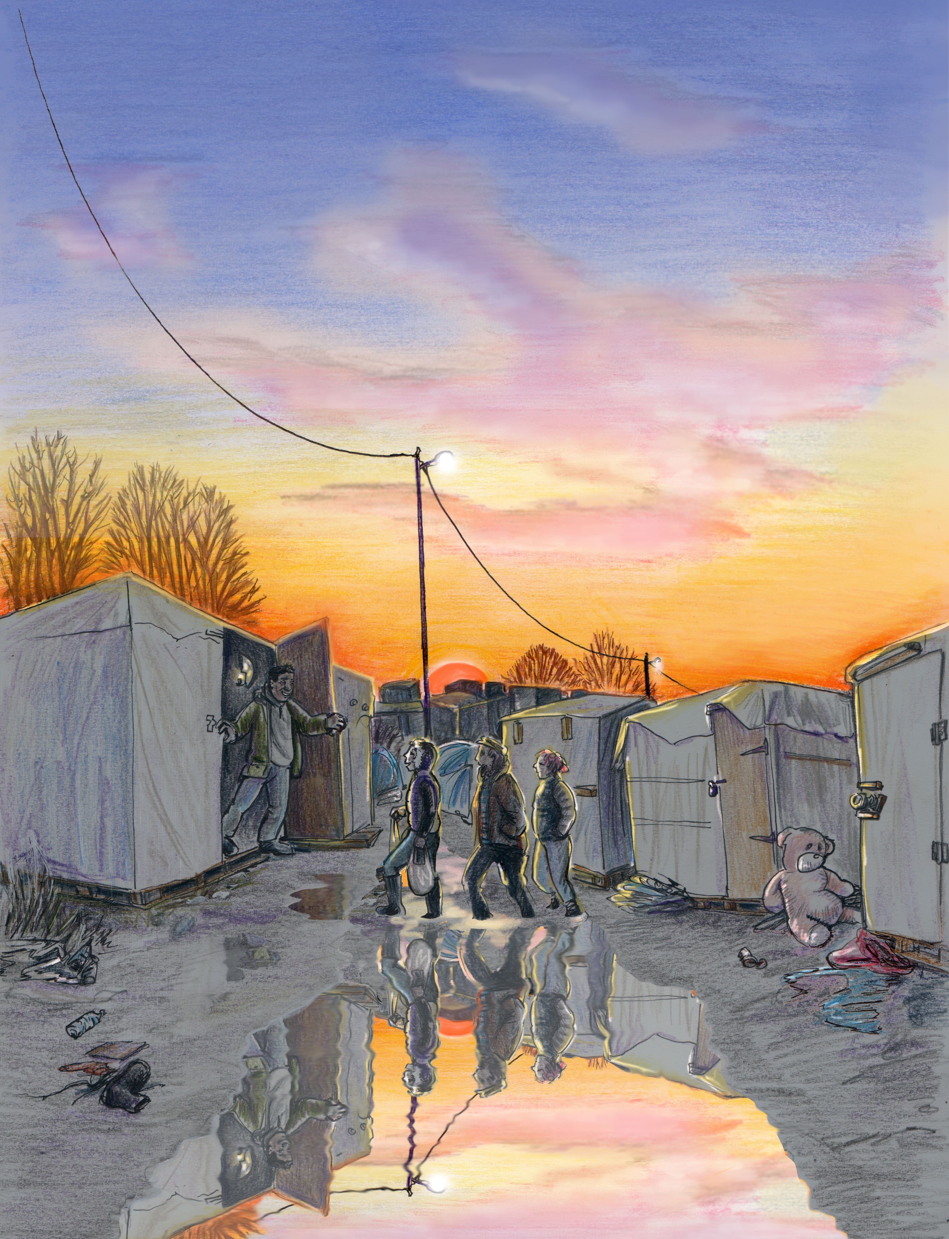 sun sets over the Calais Jungle refugee camp 2016