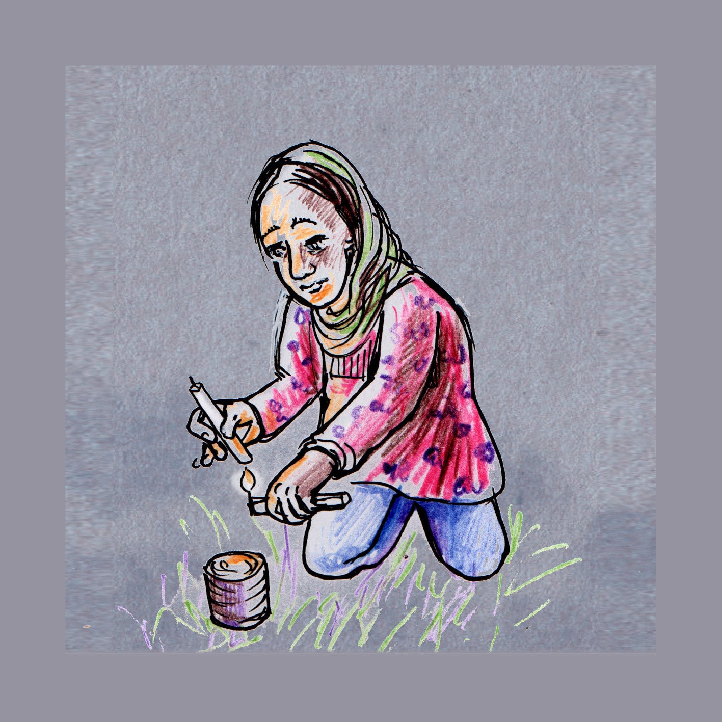 Child at the Jungle Refugee Camp, Calais, France 2016 lights a candle and sticks in onto an upturned can