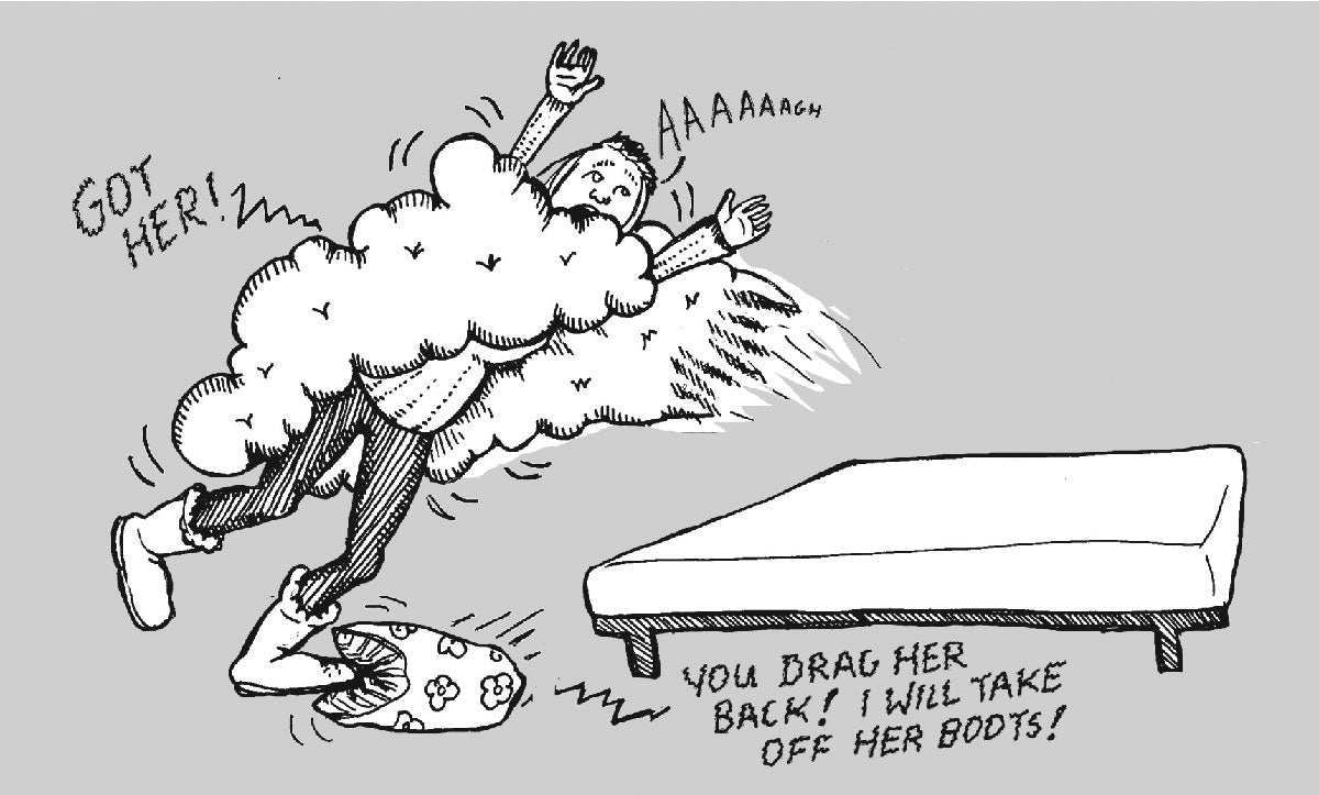 Pregnant woman being trapped by her duvet and forced to sleep