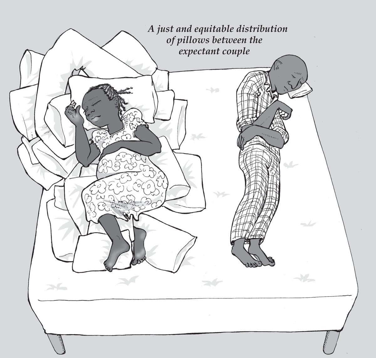 Illustration of a couple sharing a bed with a humorous take on pillow distribution.