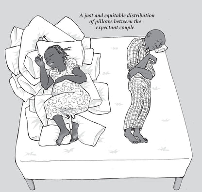 Illustration of a couple sharing a bed with a humorous take on pillow distribution.