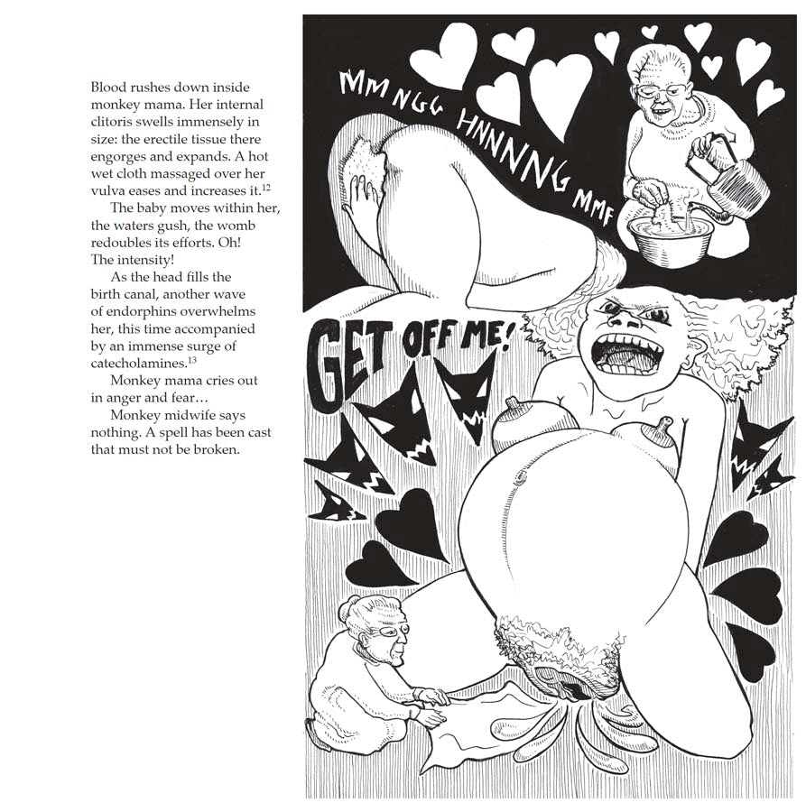 Bump: how to make, grow and birth a baby, book by Kate Evans, comic book character and text explaining the hormones and stages of physiological birth
