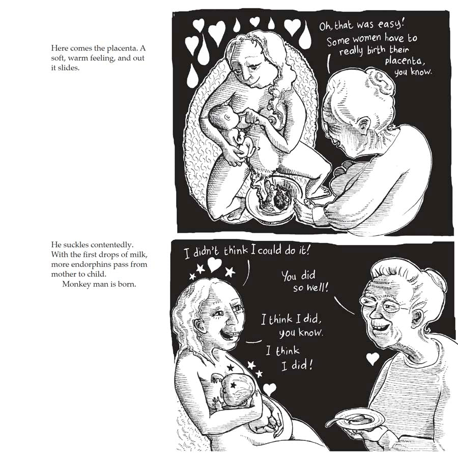 Bump: how to make, grow and birth a baby, book by Kate Evans, comic book character and text explaining the hormones and stages of physiological birth