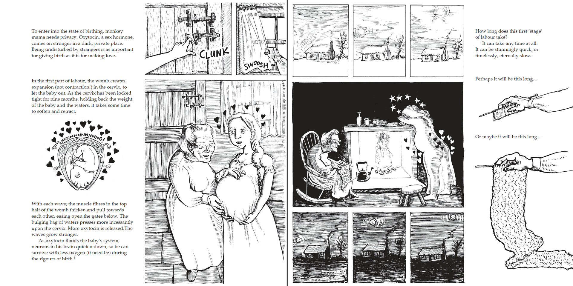 Bump: how to make, grow and birth a baby, book by Kate Evans, comic book character and text explaining the hormones and stages of physiological birth