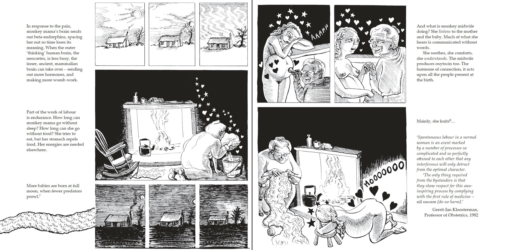 Bump: how to make, grow and birth a baby, book by Kate Evans, comic book character and text explaining the hormones and stages of physiological birth