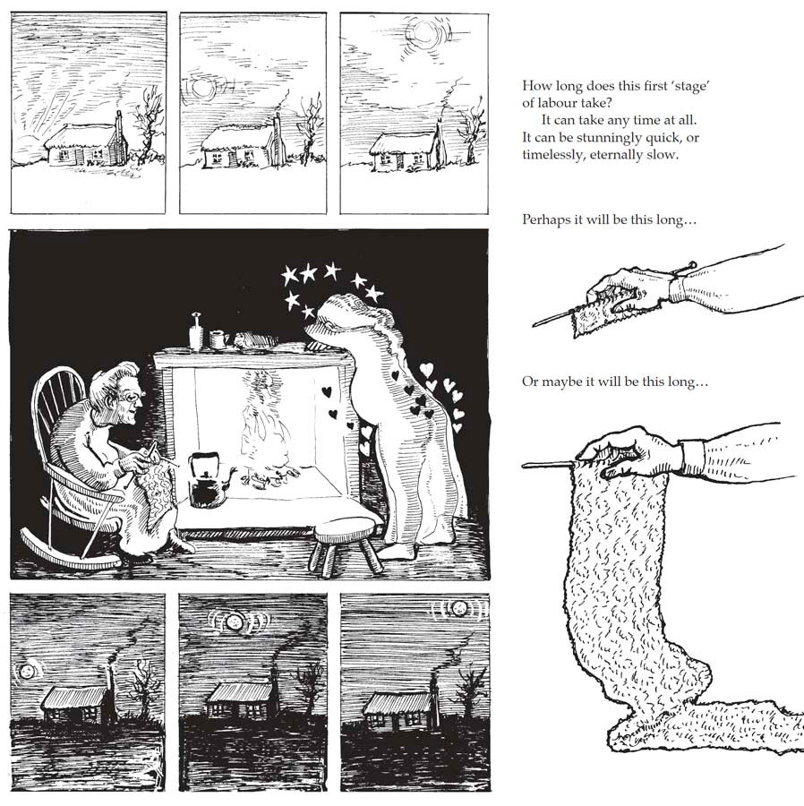 Bump: how to make, grow and birth a baby, book by Kate Evans, comic book character and text explaining the hormones and stages of physiological birth