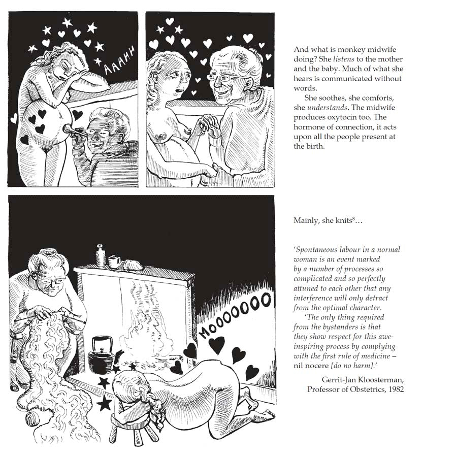 Bump: how to make, grow and birth a baby, book by Kate Evans, comic book character and text explaining the hormones and stages of physiological birth
