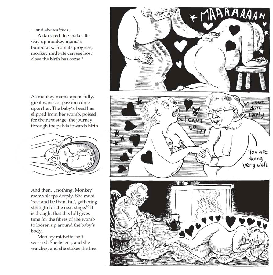 Bump: how to make, grow and birth a baby, book by Kate Evans, comic book character and text explaining the hormones and stages of physiological birth