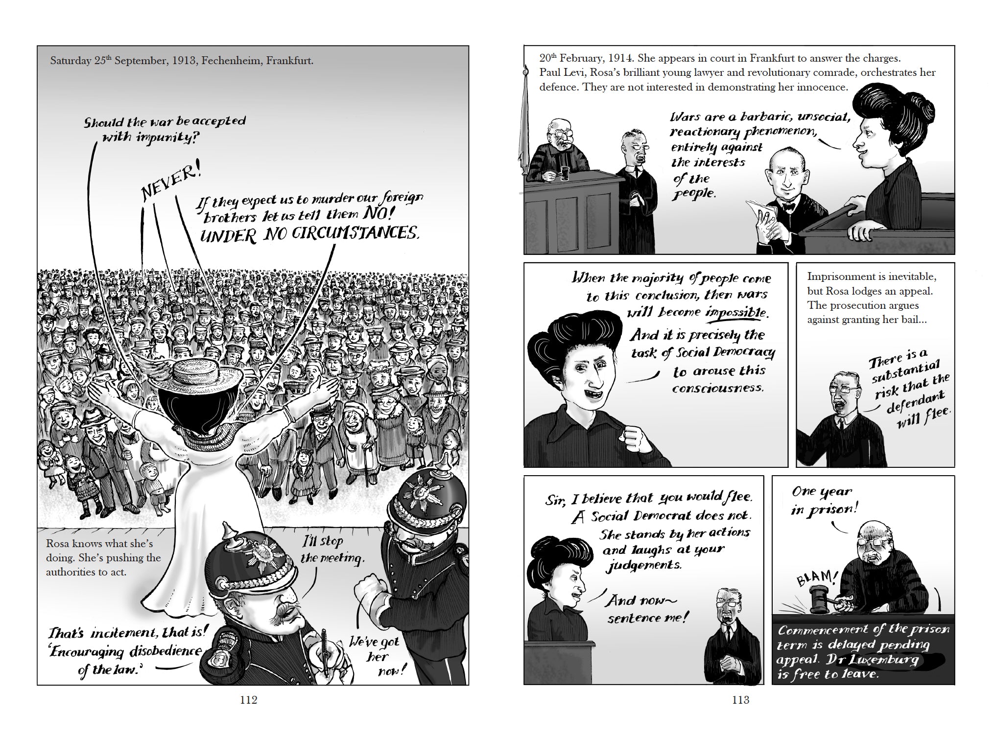 Excerpt of the graphic biography Red Rosa by Kate Evans in which Rosa Luxemburg is prosecuted for her opposition to the First World War