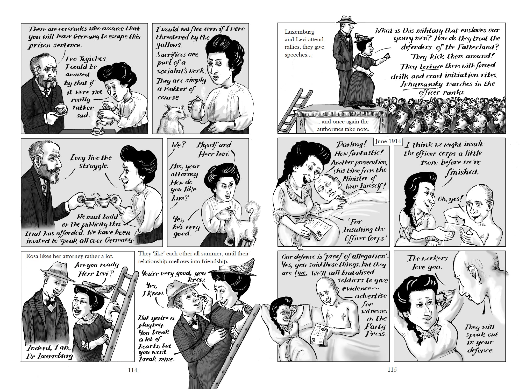 Excerpt of the graphic biography Red Rosa by Kate Evans in which Rosa Luxemburg is prosecuted for her opposition to the First World War