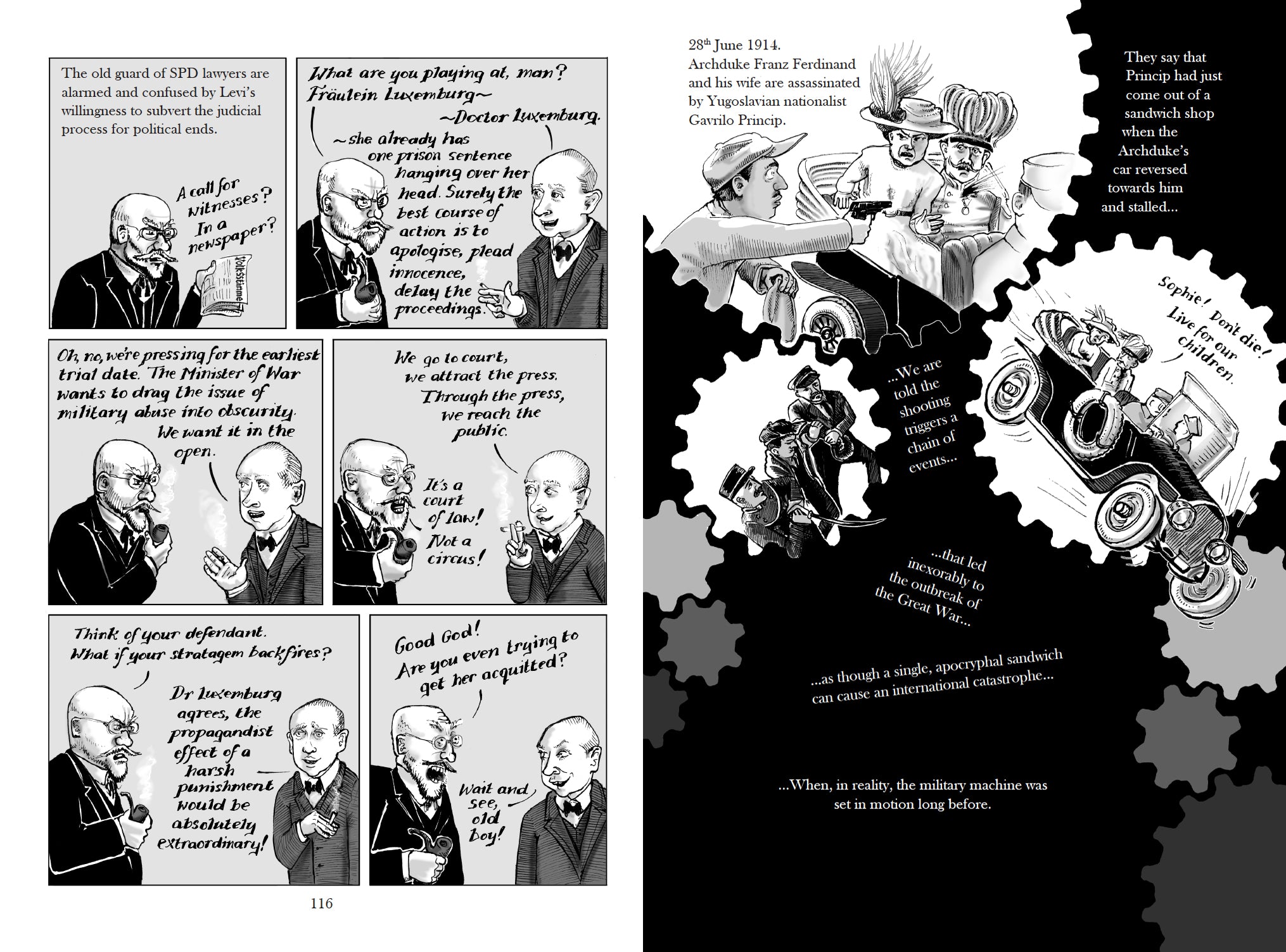Excerpt of the graphic biography Red Rosa by Kate Evans in which Rosa Luxemburg is prosecuted for her opposition to the First World War