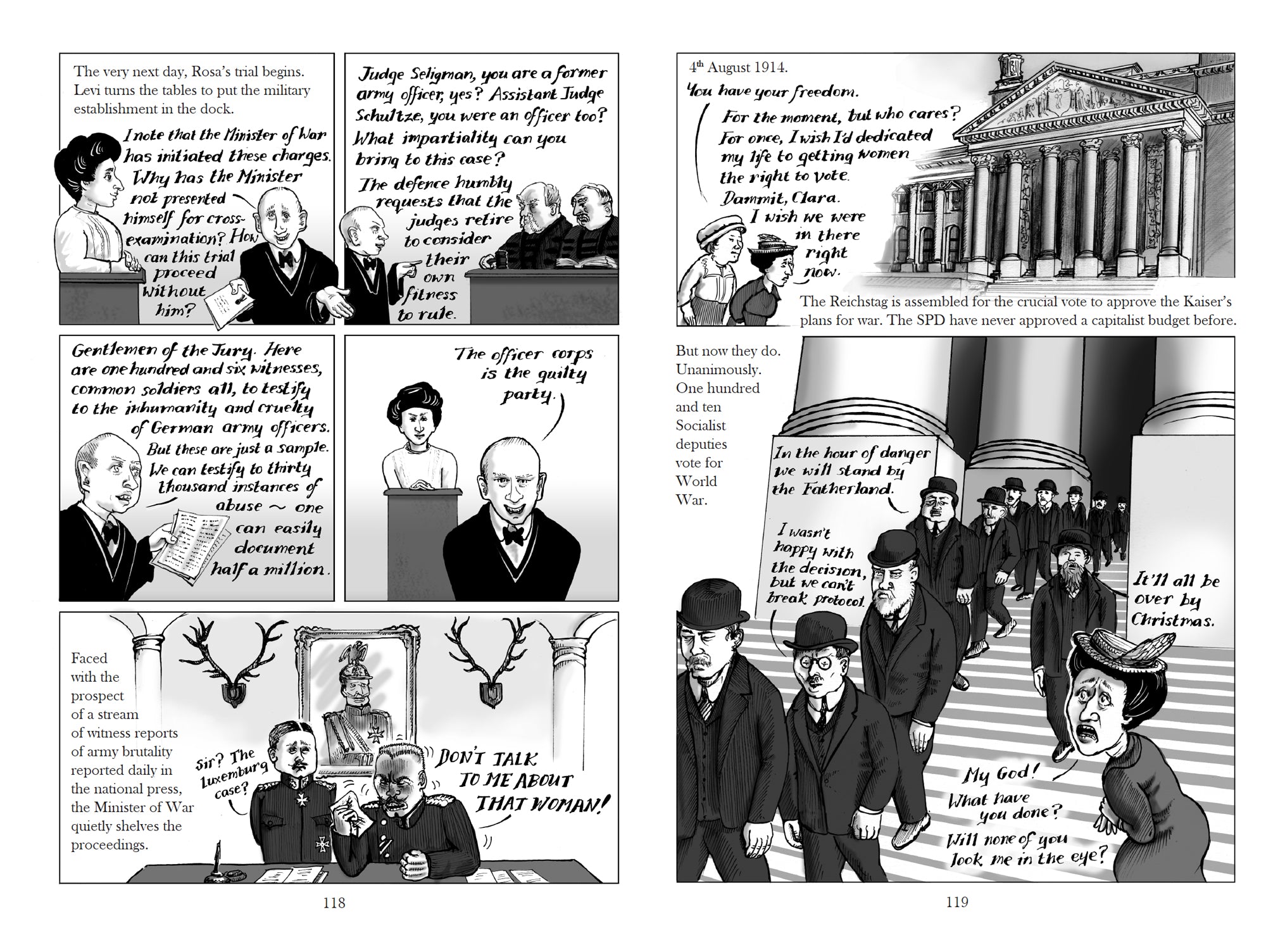 Excerpt of the graphic biography Red Rosa by Kate Evans in which Rosa Luxemburg is prosecuted for her opposition to the First World War