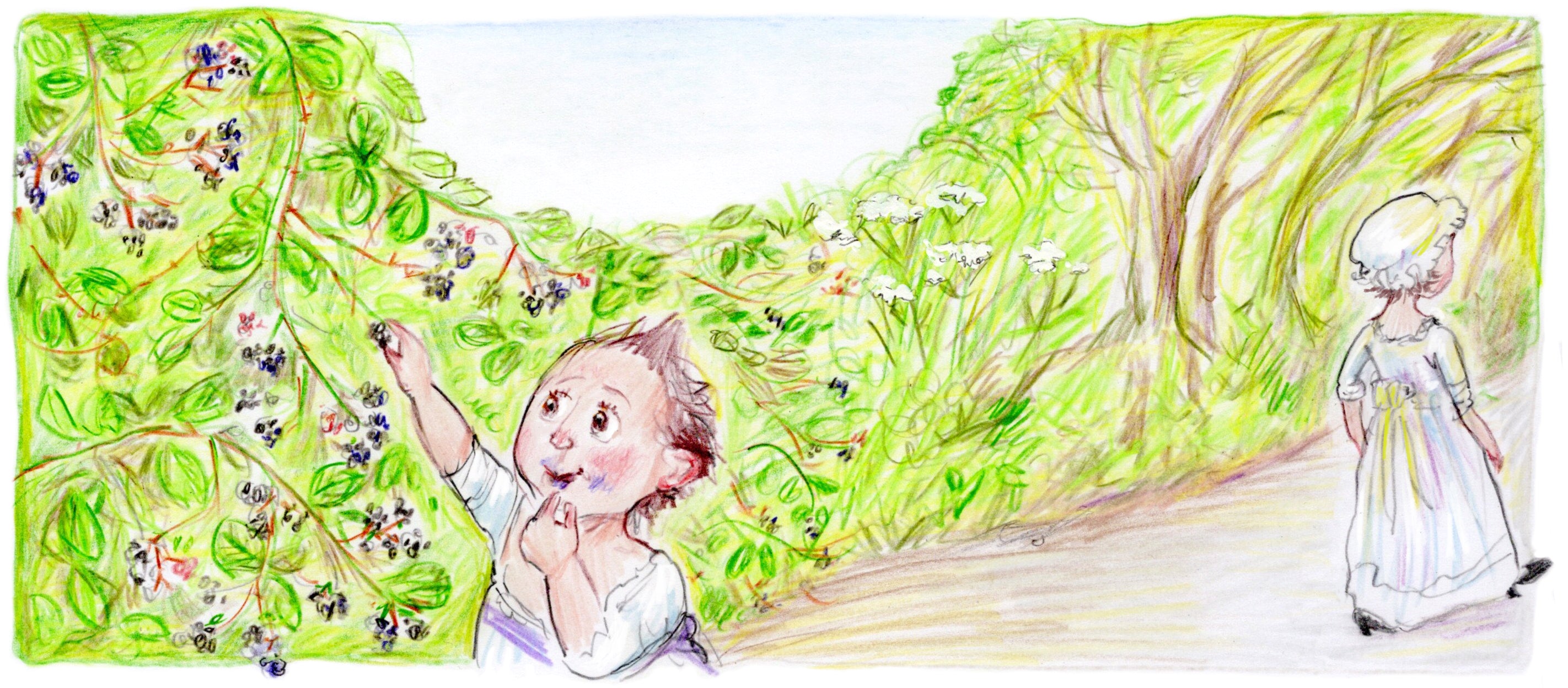 Six year old Jane Austen walking up a country lane while her brother Charles picks blackberries
