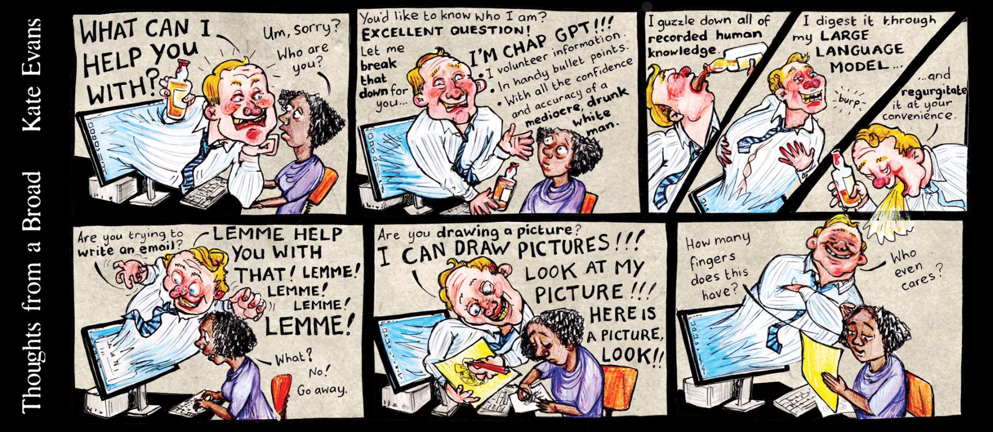 Cartoon by Kate Evans about how annoying and unreliable AI is in the workplace