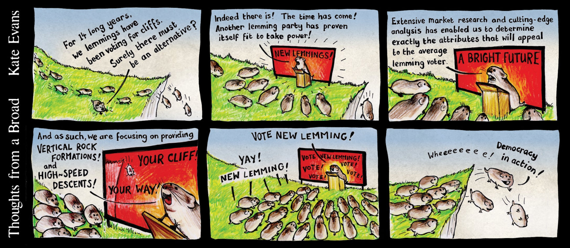 Cartoon by Kate Evans comparing New Labour to lemmings