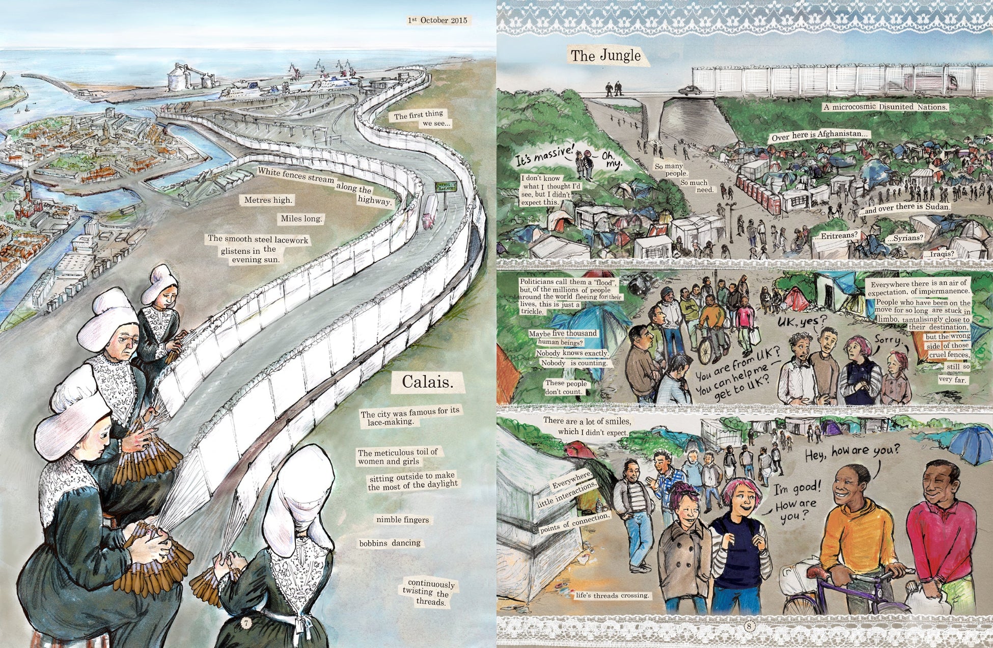Excerpt from Kate Evans's graphic reportage Threads from the Refugee Crisis about the migrant camps in Calais and Dunkirk in 2015 and 2016
