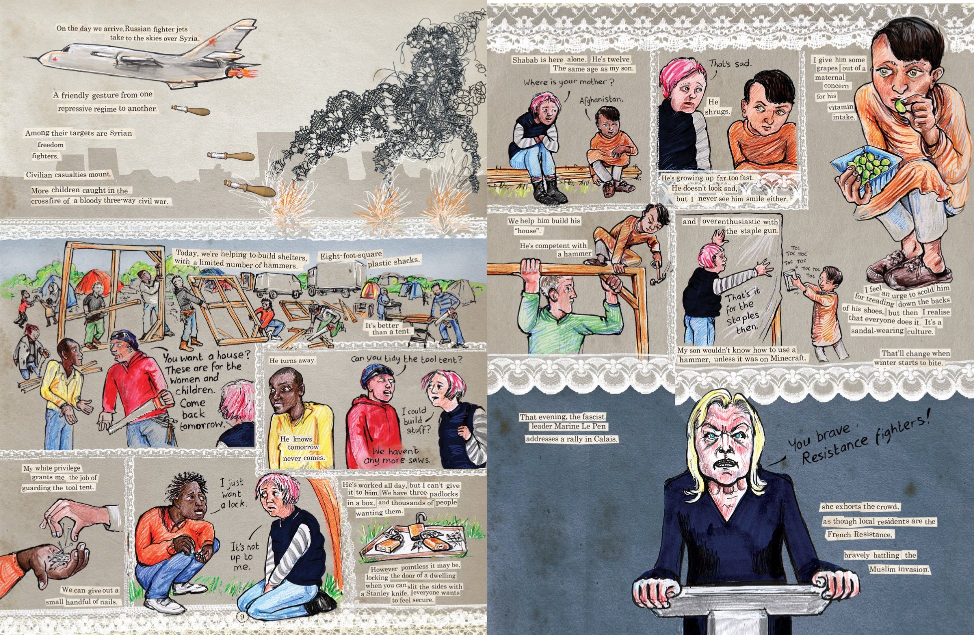 Excerpt from Kate Evans's graphic reportage Threads from the Refugee Crisis about the migrant camps in Calais and Dunkirk in 2015 and 2016