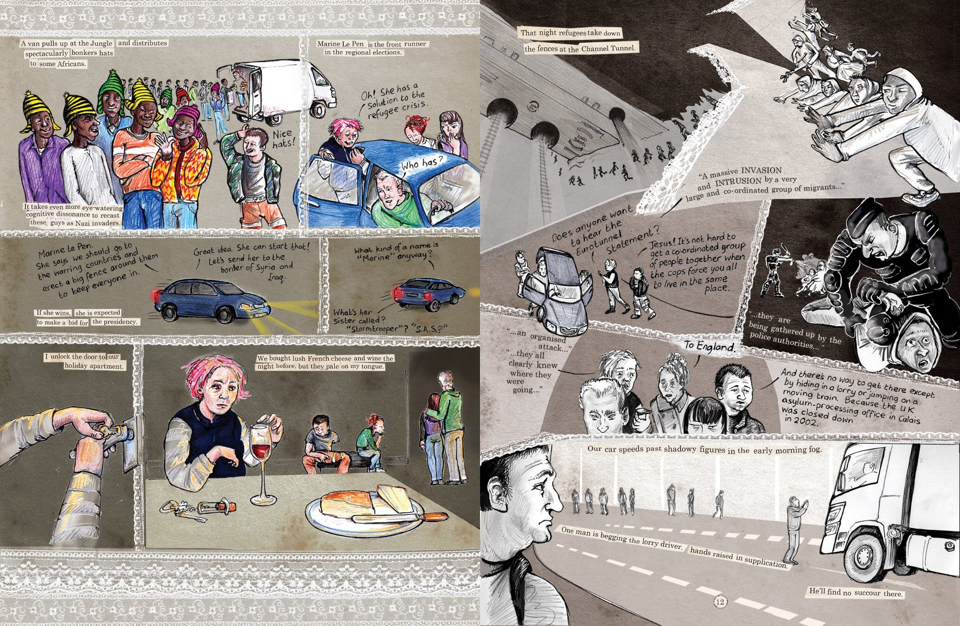 Excerpt from Kate Evans's graphic reportage Threads from the Refugee Crisis about the migrant camps in Calais and Dunkirk in 2015 and 2016