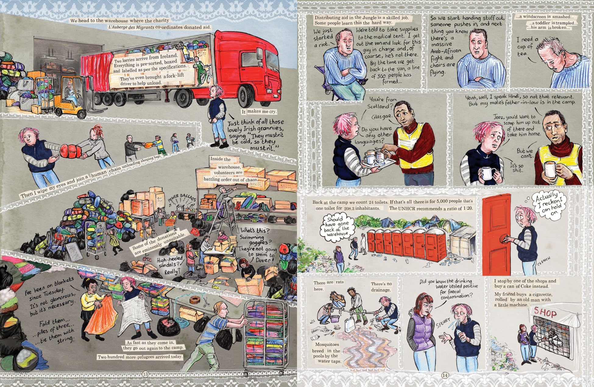 Excerpt from Kate Evans's graphic reportage Threads from the Refugee Crisis about the migrant camps in Calais and Dunkirk in 2015 and 2016