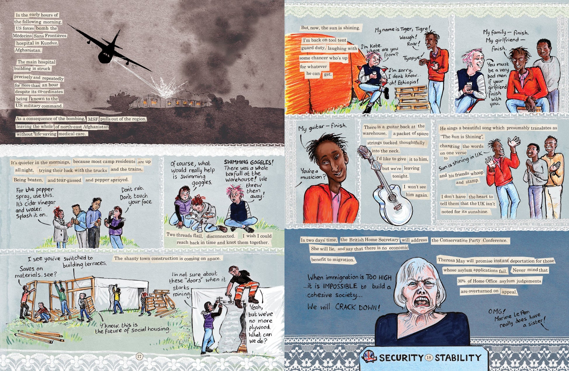 Excerpt from Kate Evans's graphic reportage Threads from the Refugee Crisis about the migrant camps in Calais and Dunkirk in 2015 and 2016