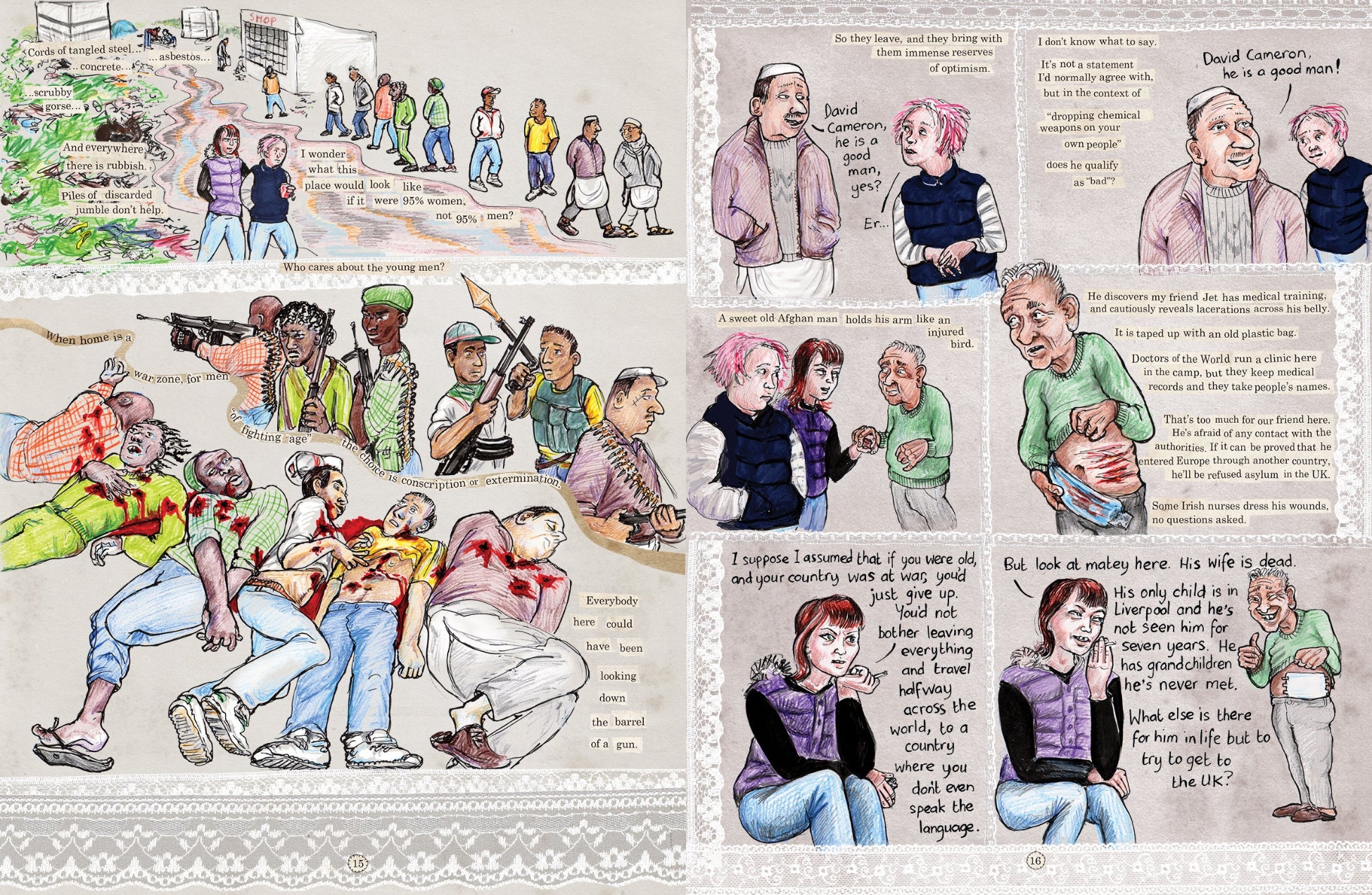 Excerpt from Kate Evans's graphic reportage Threads from the Refugee Crisis about the migrant camps in Calais and Dunkirk in 2015 and 2016