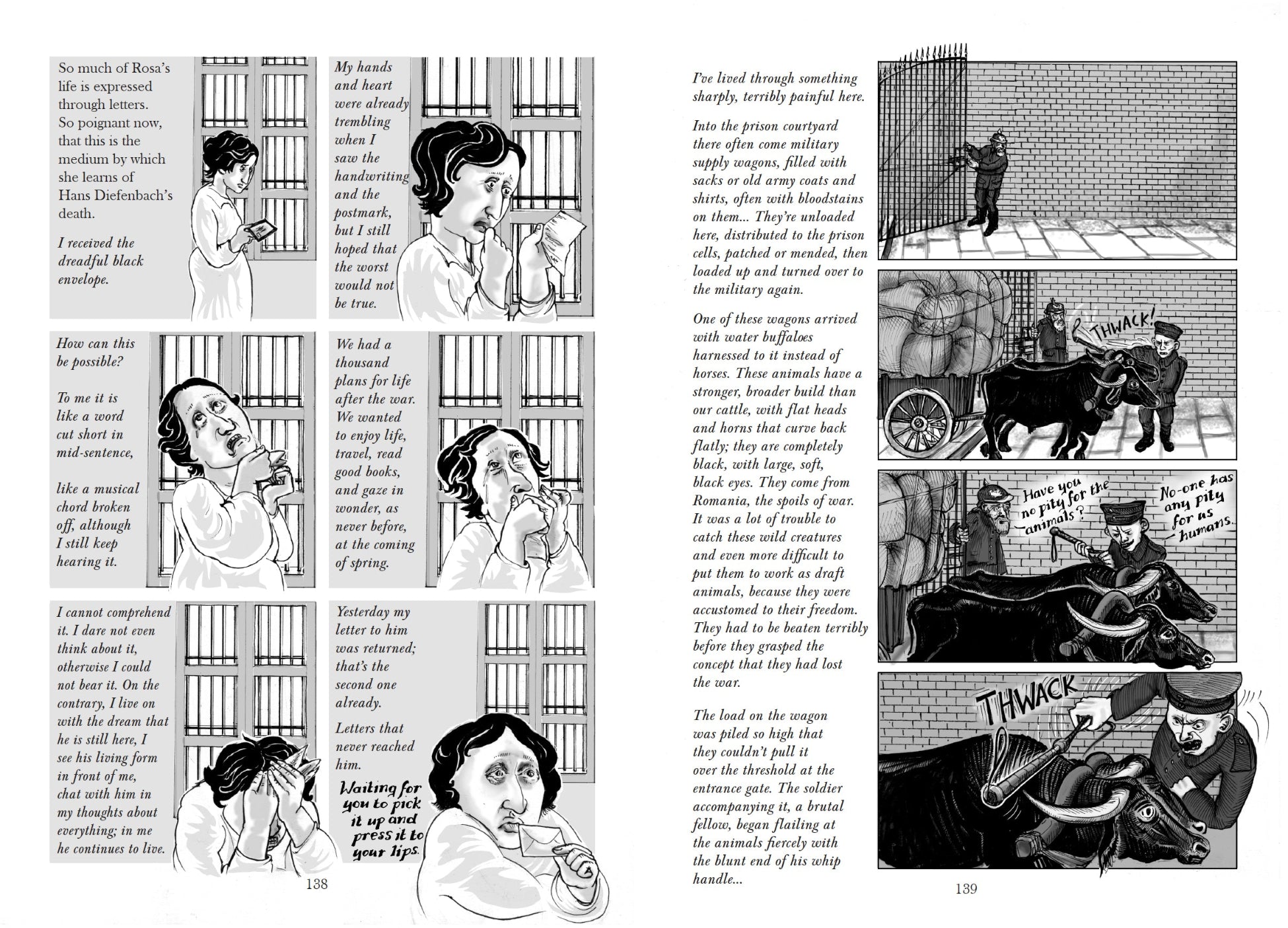 Excerpt from Red Rosa: a graphic biography of Rosa Luxemburg by Kate Evans, published by Verso Books, illustrating the buffalo letter, written from prison