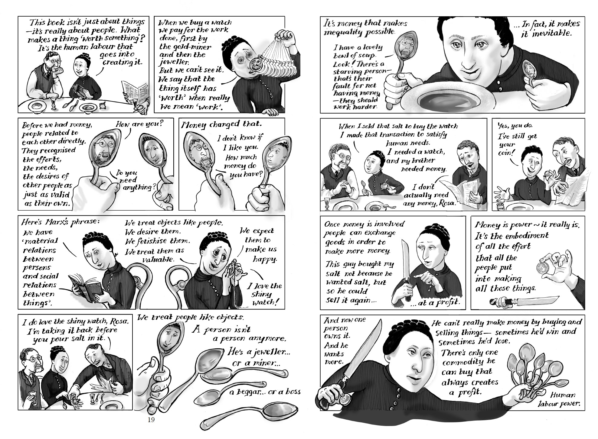 Excerpt from Red Rosa: a graphic biography of Rosa Luxemburg by Kate Evans, published by Verso Books, which explains the central philosophical concepts of Karl Marx's Das Kapital