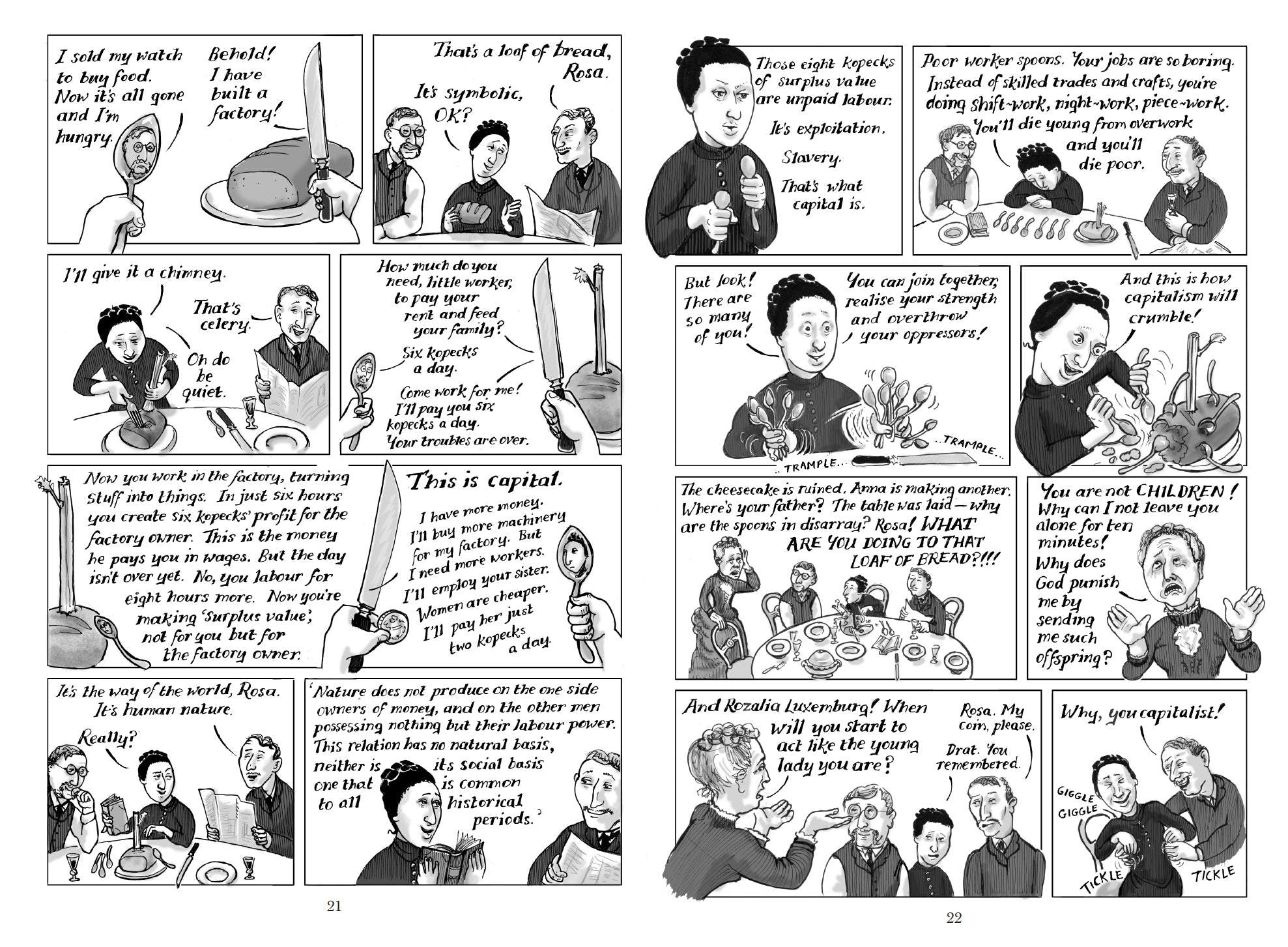 Excerpt from Red Rosa: a graphic biography of Rosa Luxemburg by Kate Evans, published by Verso Books, which explains the central philosophical concepts of Karl Marx's Das Kapital