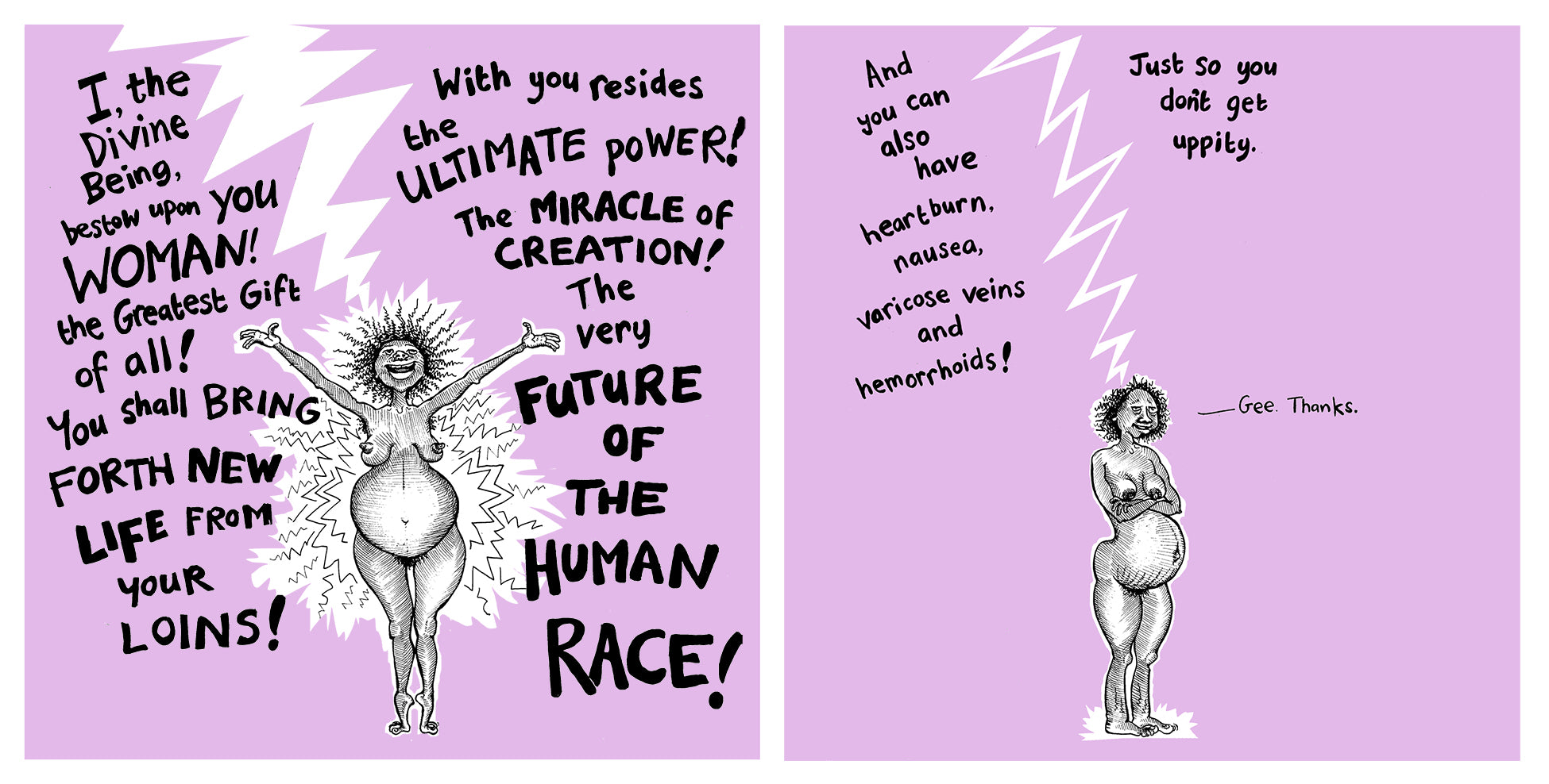 Bump: how to make, grow and birth a baby, book by Kate Evans, comic book character and text explaining the how women are both blessed and cursed with the miracle of creation