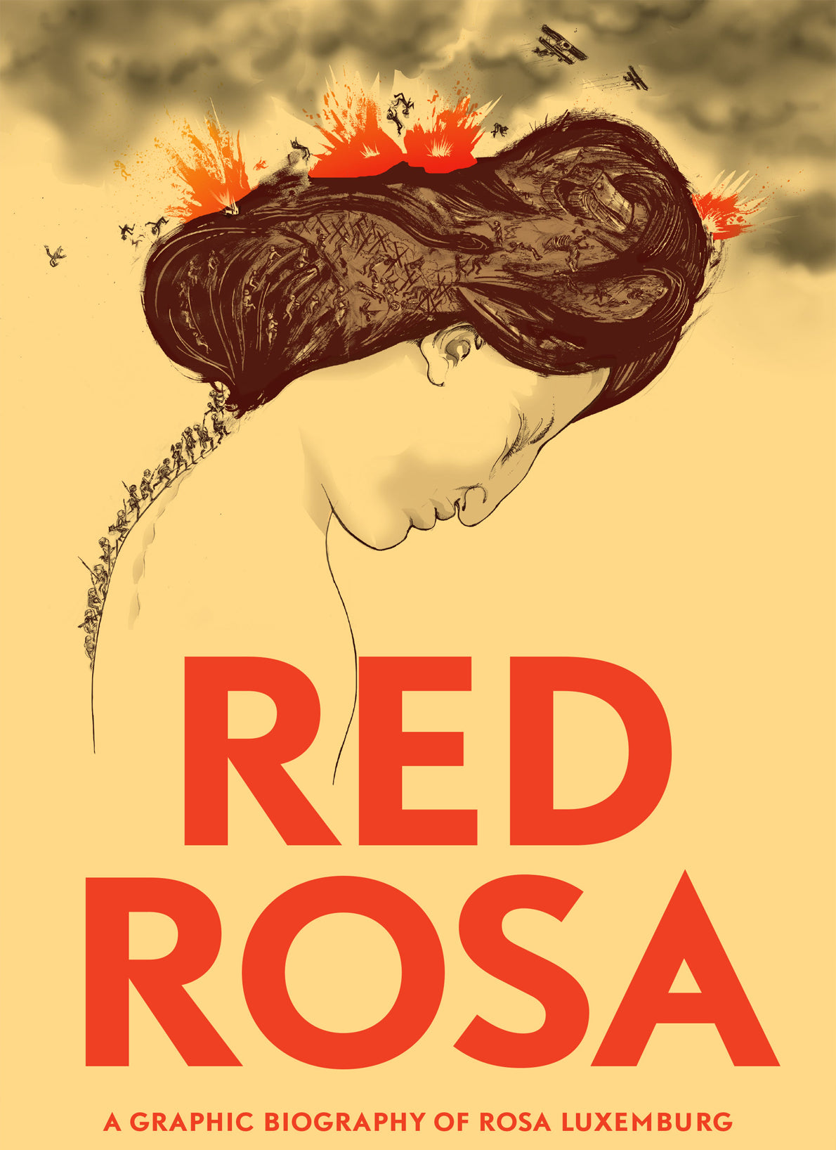 Book cover of 'Red Rosa' with an illustration of Dr Rosa Luxemburg in the first world war