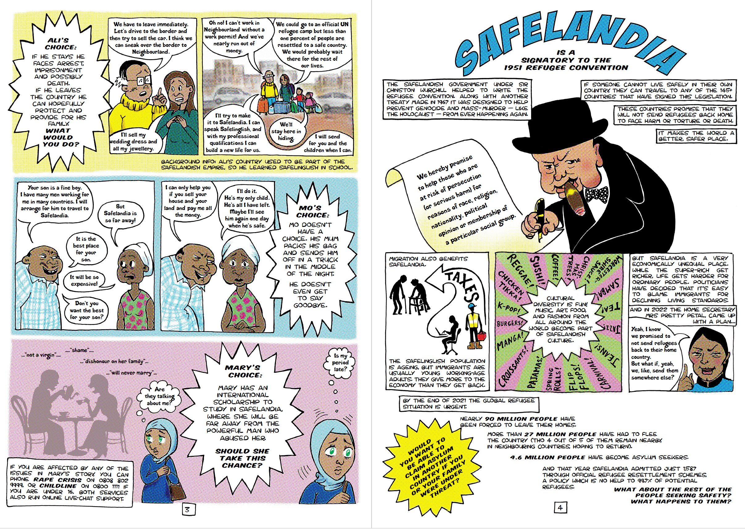 Comic Escape to Safelandia by Kate Evans which critically examines the UK asylum process, referencing Winston Churchill signing the 1951 Refugee Convention into law